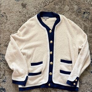 J. Crew Cream and Navy Bouclé Cardigan with Gold Buttons